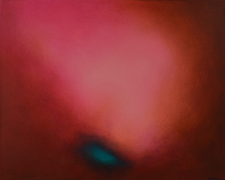 a light pink center, getting progressively darker at the edges of the painting until it is dark red, with a teal spot at the bottom center