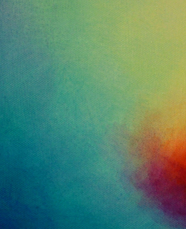a painting with a large amount of teal and yellow, and a small patch of orange and yellow at the bottom right edge