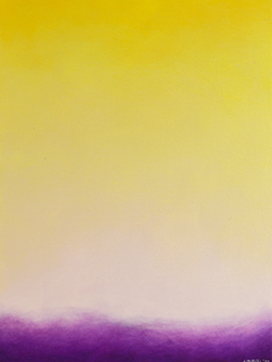 this painting is mostly yellow, darker at the top and lighter at the bottom, with a purple streak at the bottom edge of the canvas