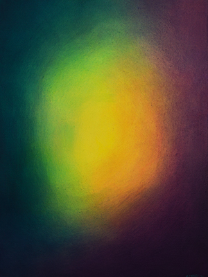 this painting is yellow in the middle, with green on the left and purple on the right