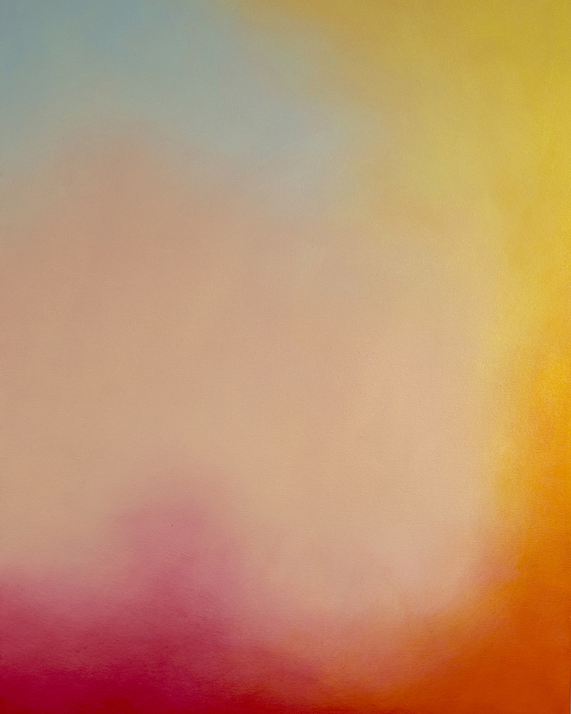 light orange painting with blue in the upper left corner, yellow down the right side, and red and dark orange across the bottom